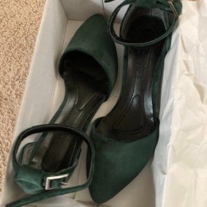 Emerald Green velvet shoes, low block heel, ankle strap